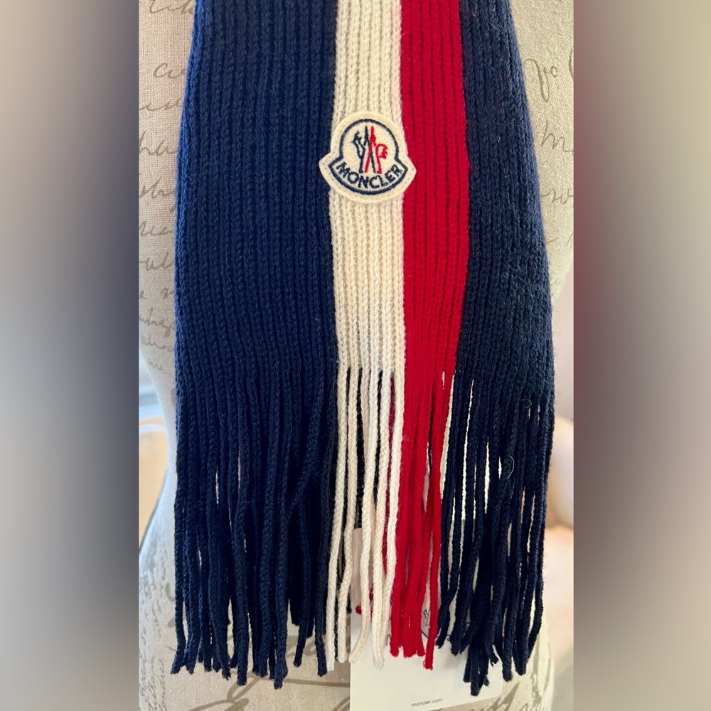Moncler NWT Tri Color Scarf Unisex Virgin Wool Fringe - Picture 2 of 6